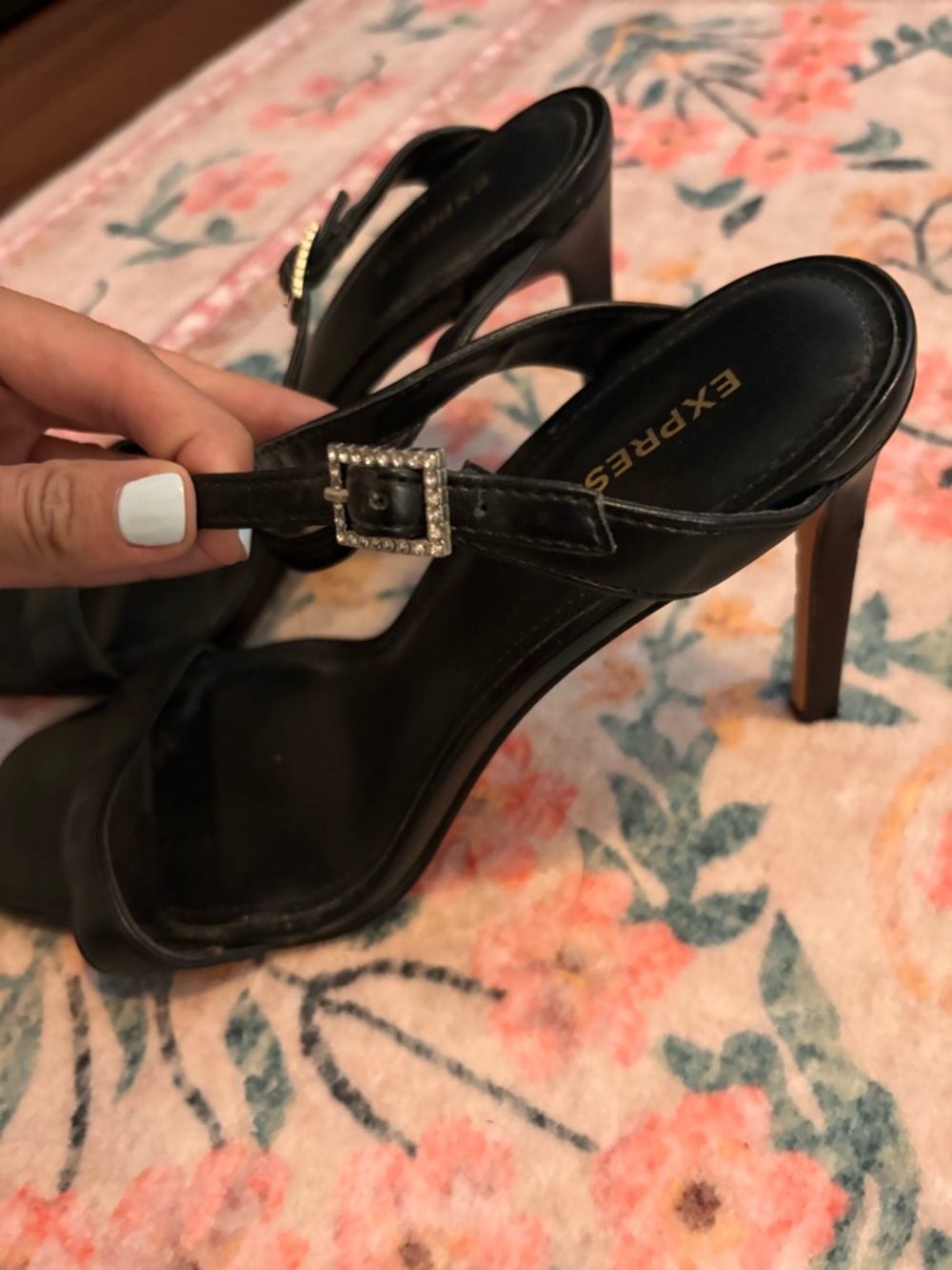 Express Black Square-Toe Ankle Strap Heels - Picture 2 of 6